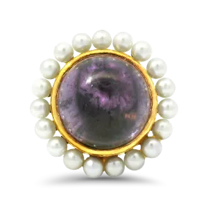 Estate 14k Yellow Gold Amethyst and Pearl Halo Ring