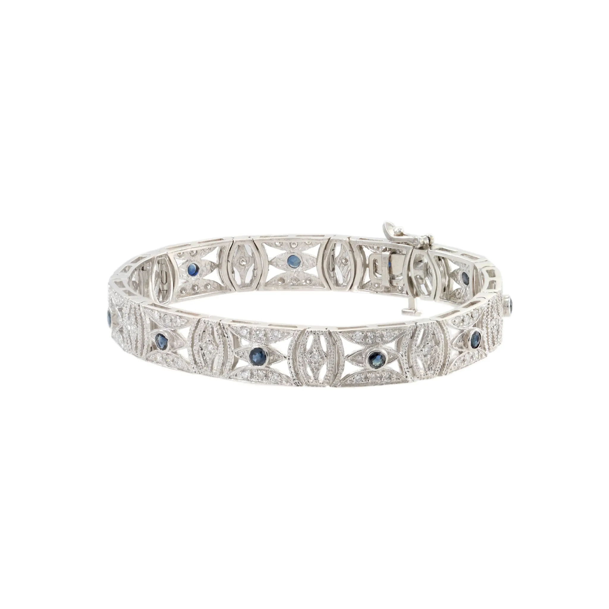 Estate 14KT White Gold Filigree Sapphire and Diamond Bracelet