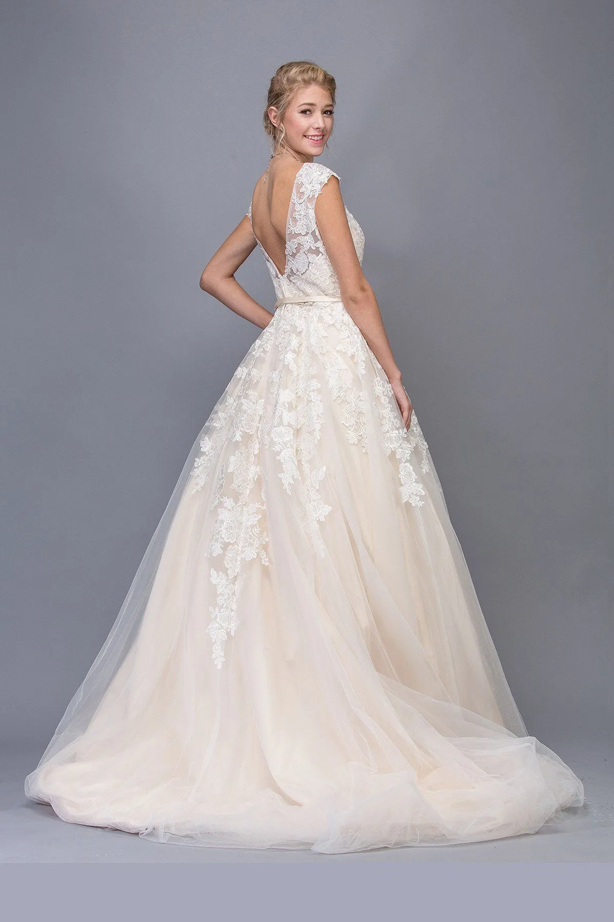 Eureka 6601 Cap Sleeved Wedding Gown Bateau Neck with Appliques