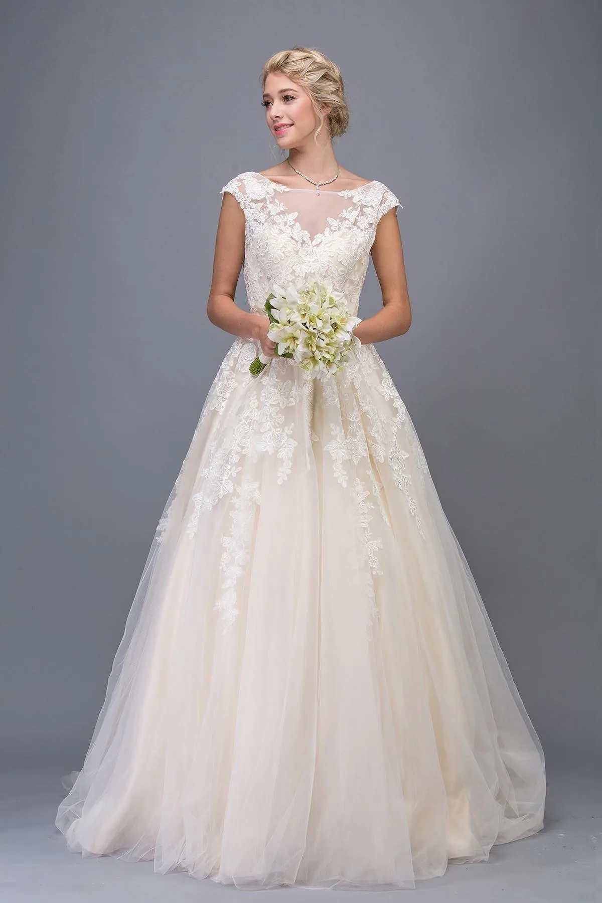 Eureka 6601 Cap Sleeved Wedding Gown Bateau Neck with Appliques
