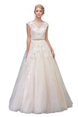 Eureka 6601 Cap Sleeved Wedding Gown Bateau Neck with Appliques