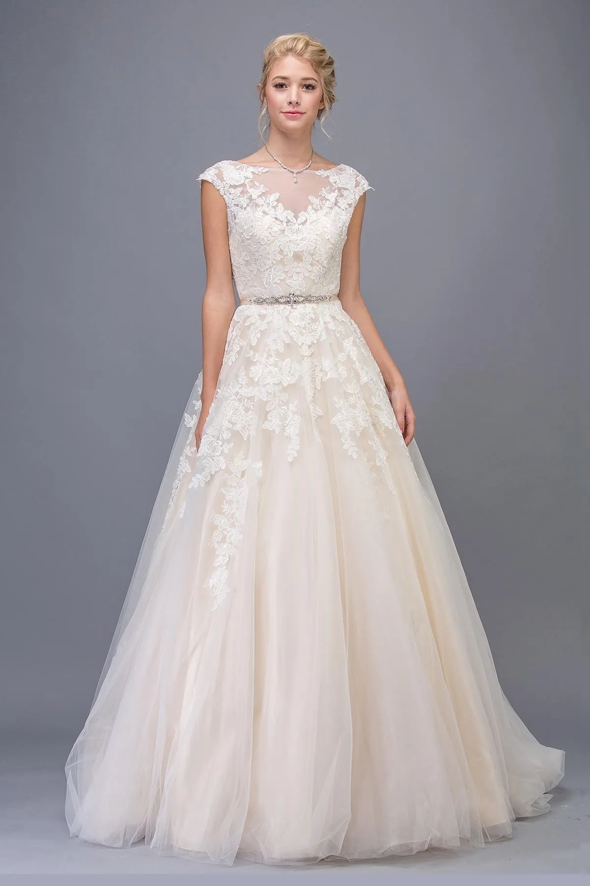 Eureka 6601 Cap Sleeved Wedding Gown Bateau Neck with Appliques