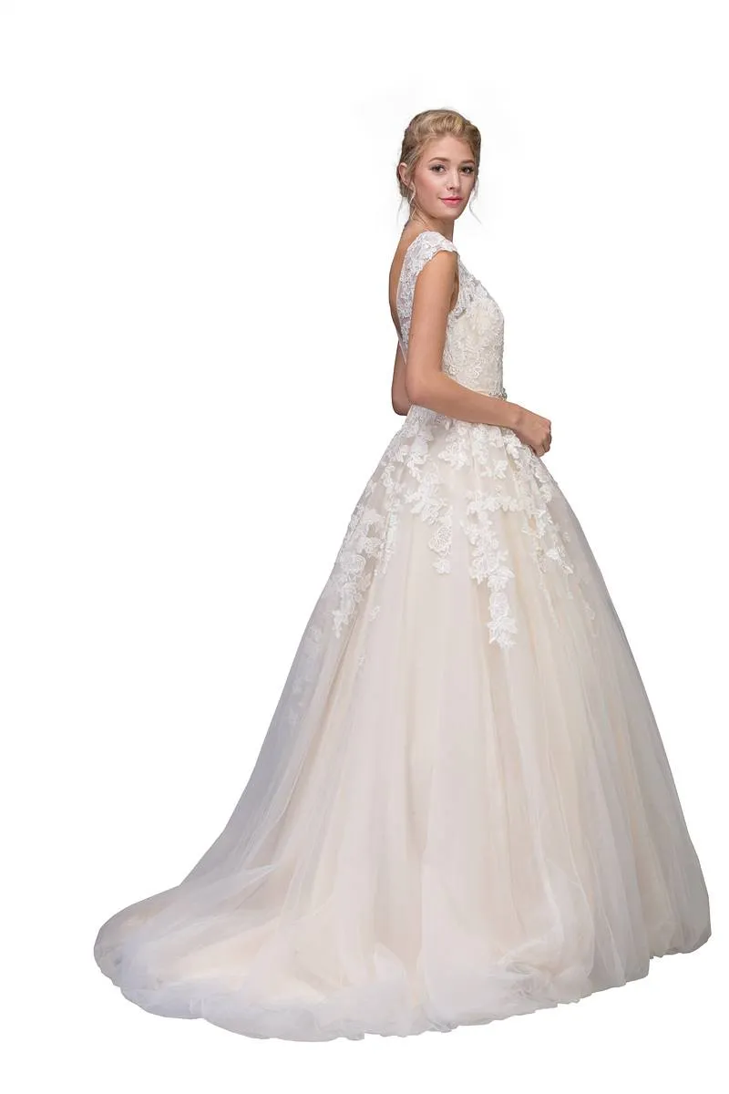 Eureka 6601 Cap Sleeved Wedding Gown Bateau Neck with Appliques