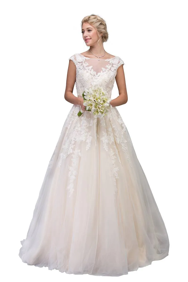 Eureka 6601 Cap Sleeved Wedding Gown Bateau Neck with Appliques