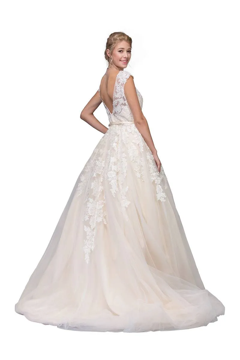 Eureka 6601 Cap Sleeved Wedding Gown Bateau Neck with Appliques