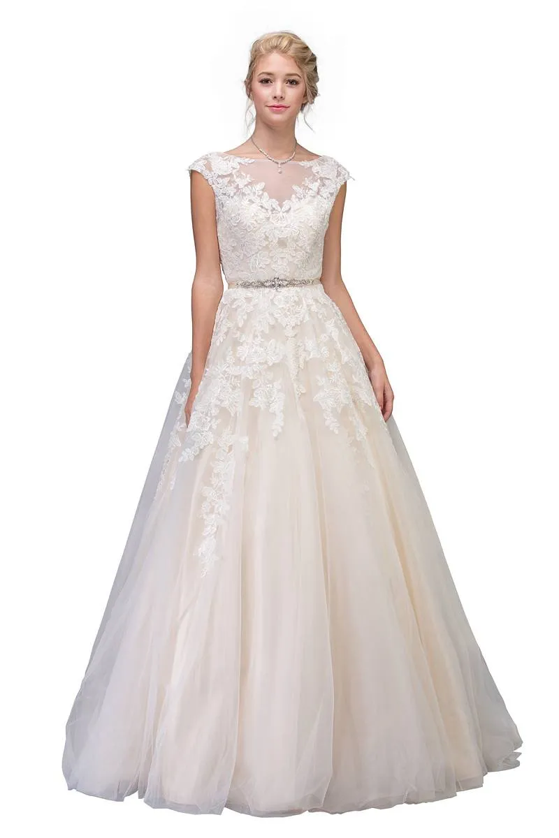Eureka 6601 Cap Sleeved Wedding Gown Bateau Neck with Appliques