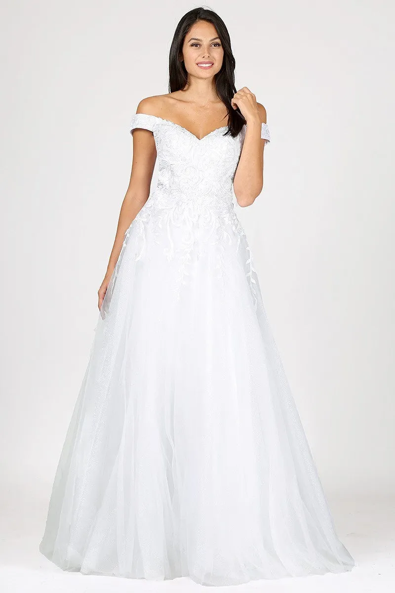 Eureka 9191 Off-Shoulder Appliqued Bodice Long A-Line Dress