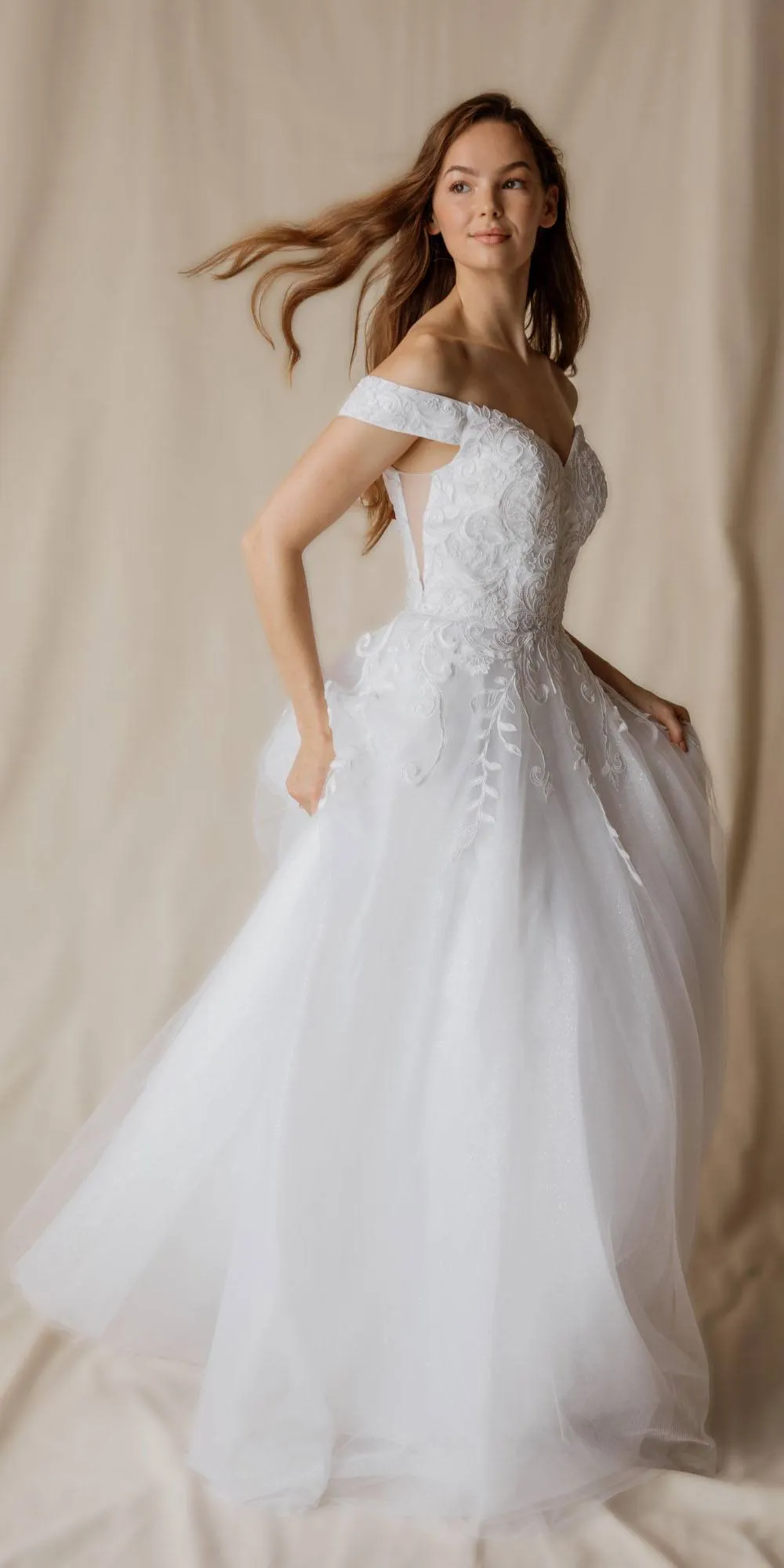 Eureka 9191 Off-Shoulder Appliqued Bodice Long A-Line Dress