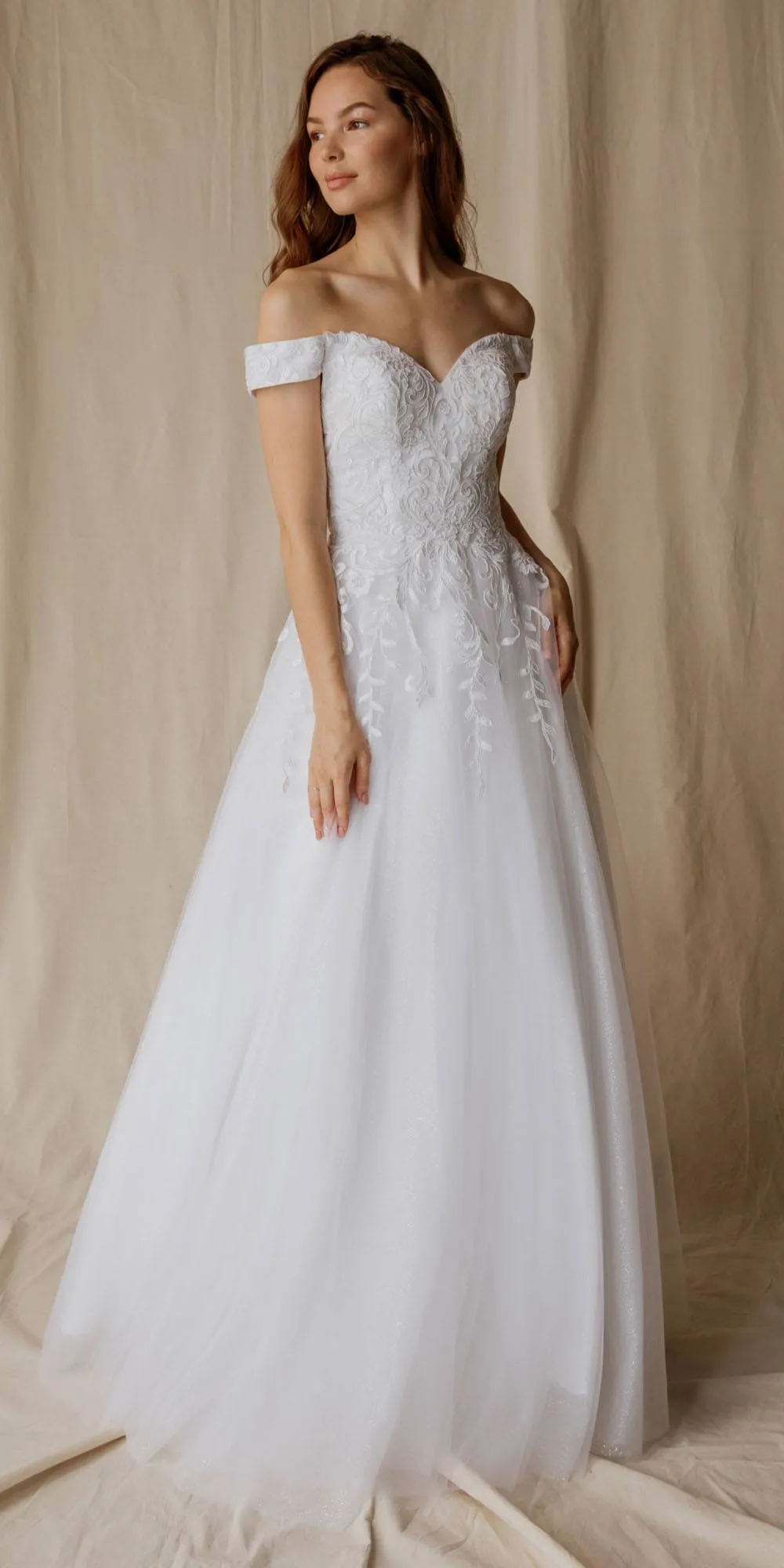 Eureka 9191 Off-Shoulder Appliqued Bodice Long A-Line Dress
