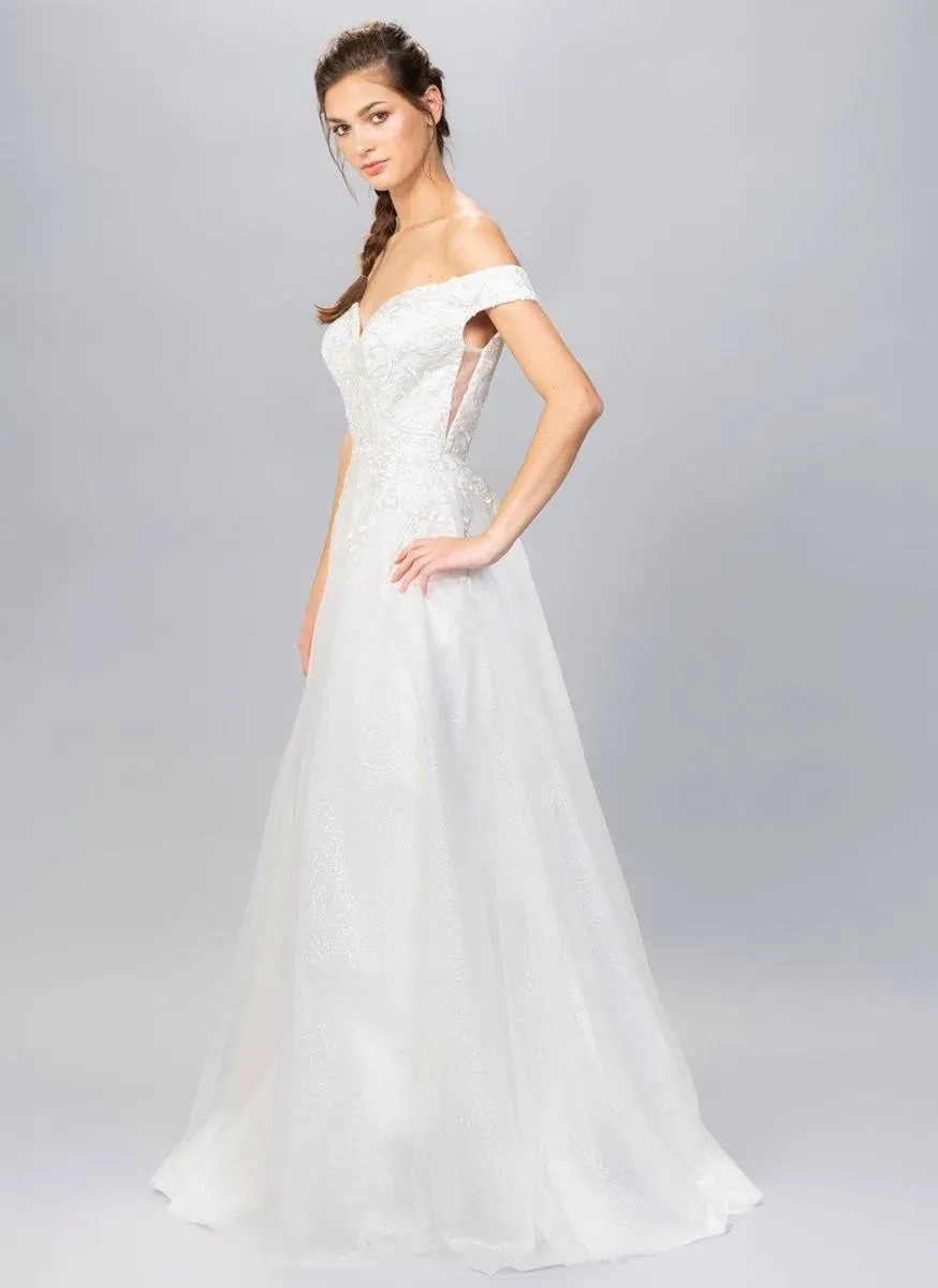 Eureka 9191 Off-Shoulder Appliqued Bodice Long A-Line Dress