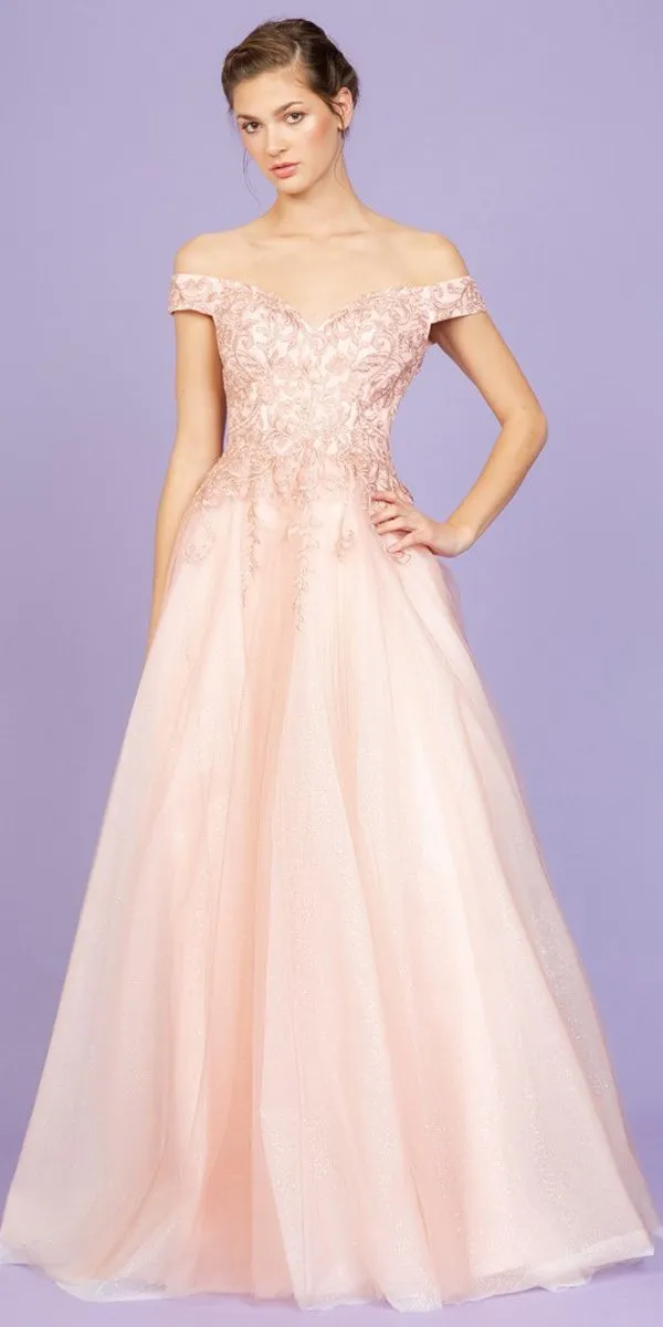 Eureka 9191 Off-Shoulder Appliqued Bodice Long A-Line Dress