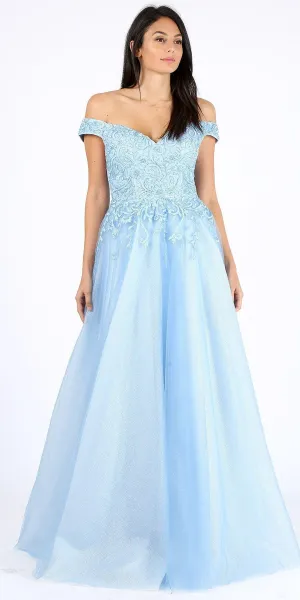 Eureka 9191 Off-Shoulder Appliqued Bodice Long A-Line Dress