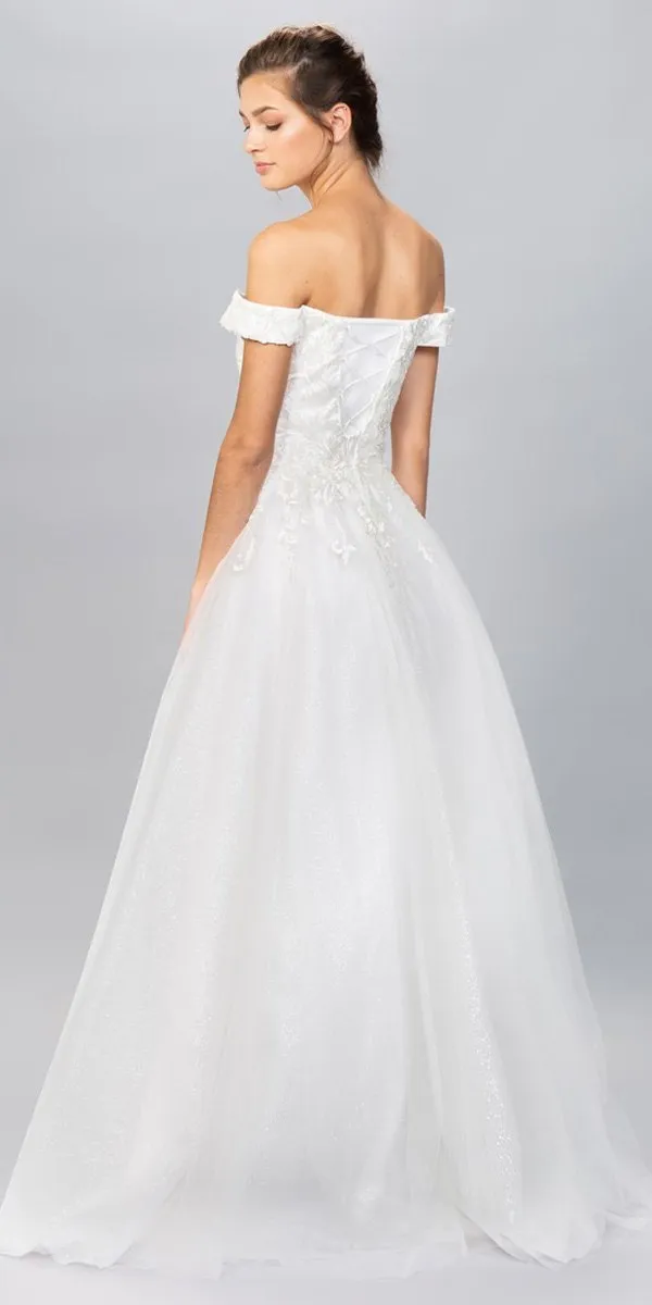 Eureka 9191 Off-Shoulder Appliqued Bodice Long A-Line Dress