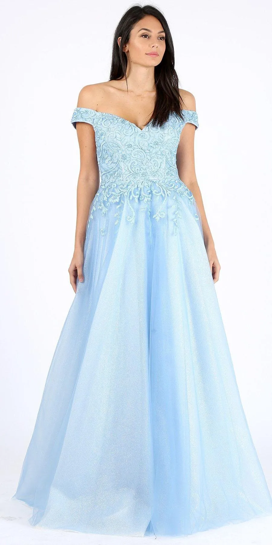 Eureka 9191 Off-Shoulder Appliqued Bodice Long A-Line Dress