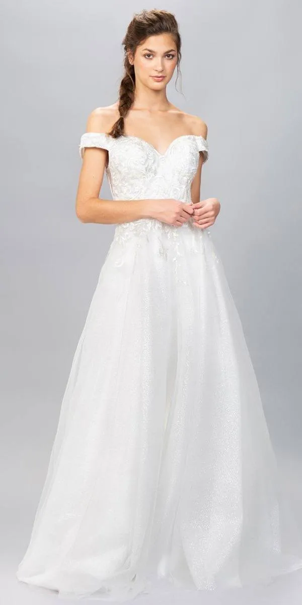 Eureka 9191 Off-Shoulder Appliqued Bodice Long A-Line Dress