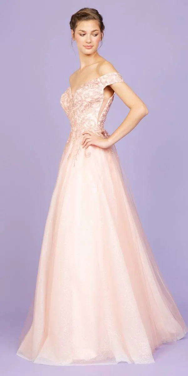 Eureka 9191 Off-Shoulder Appliqued Bodice Long A-Line Dress