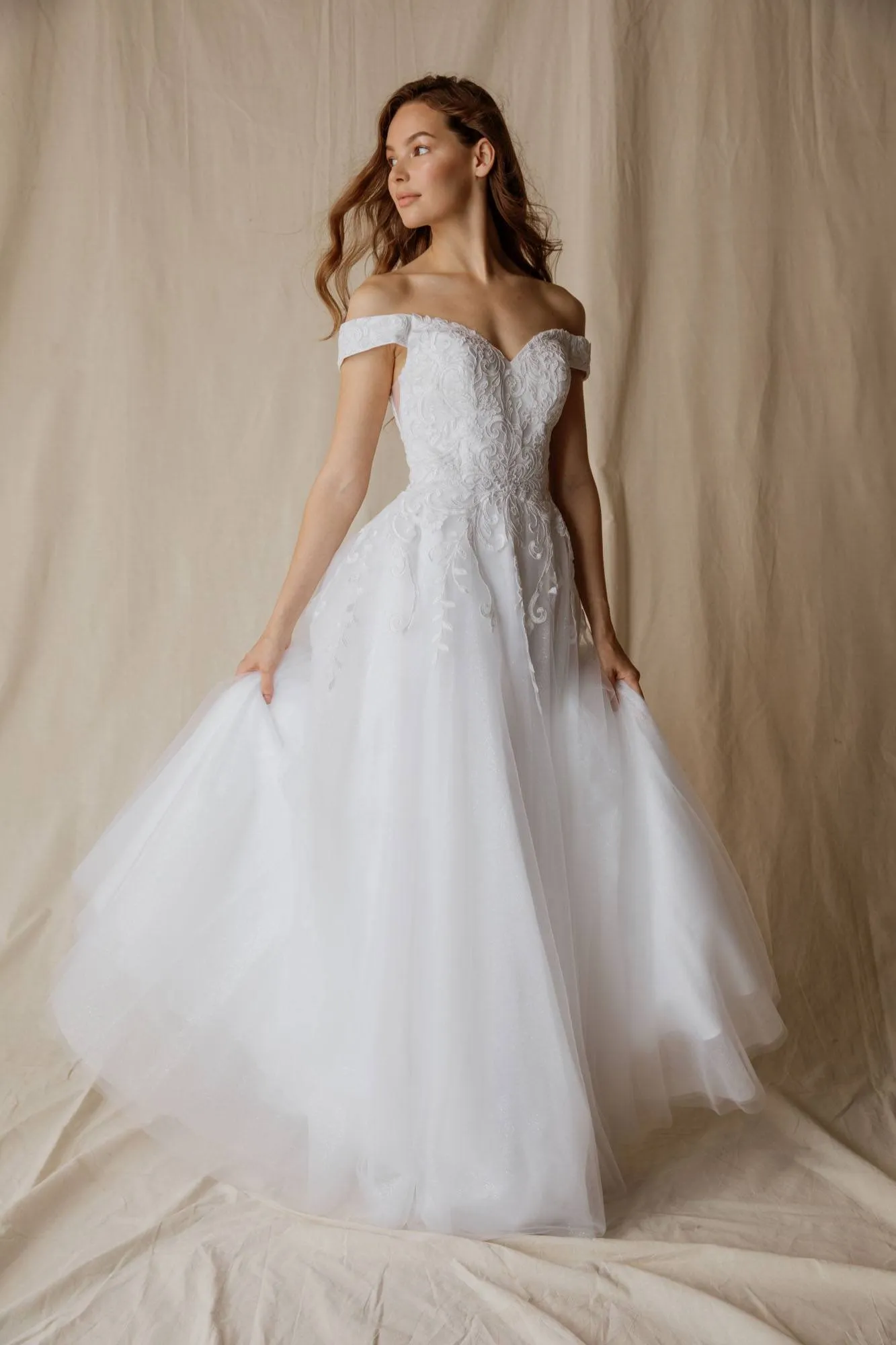Eureka 9191 Off-Shoulder Appliqued Bodice Long A-Line Dress