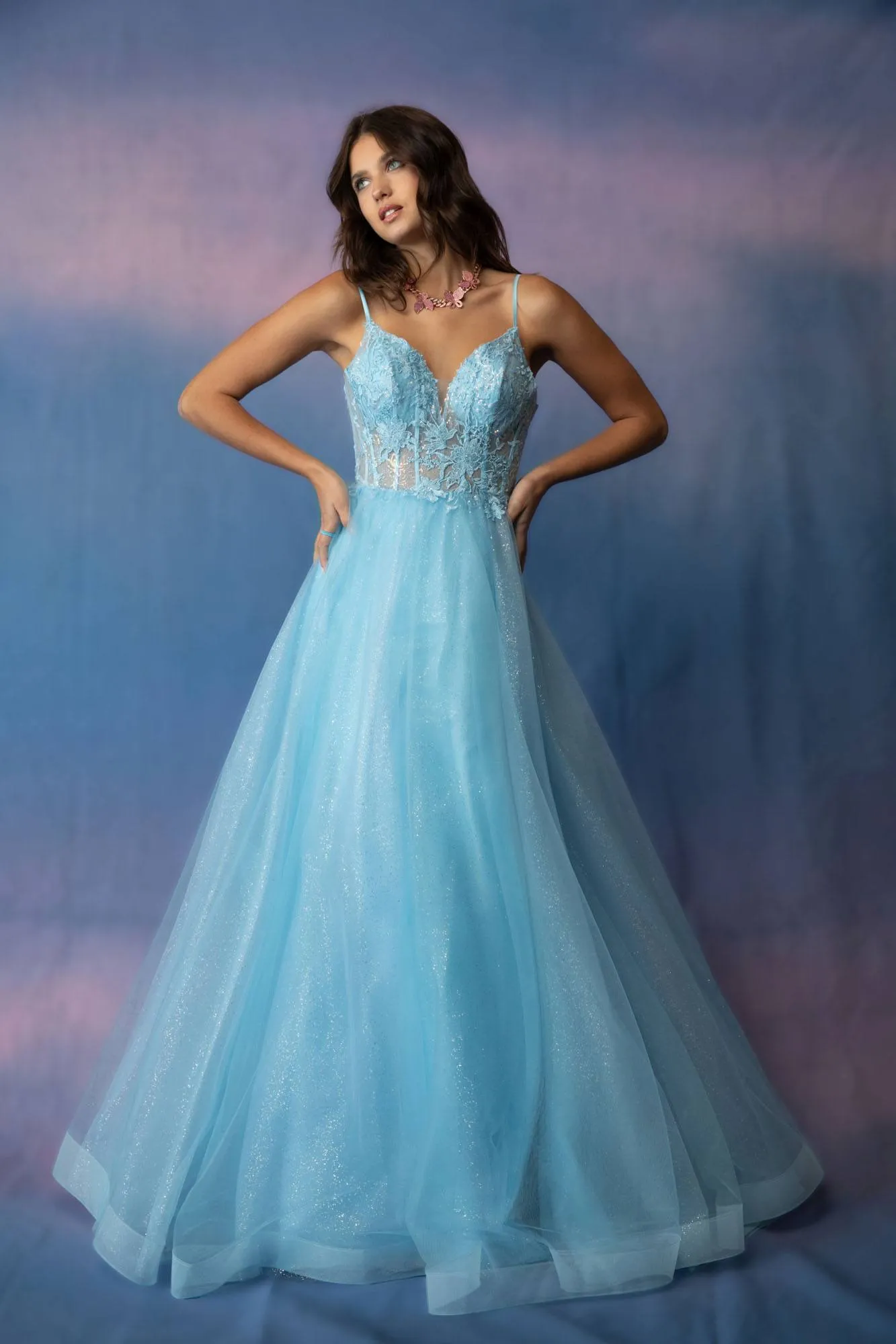 Eureka 9828 Long A-Line Glitter Mesh Tulle Dress