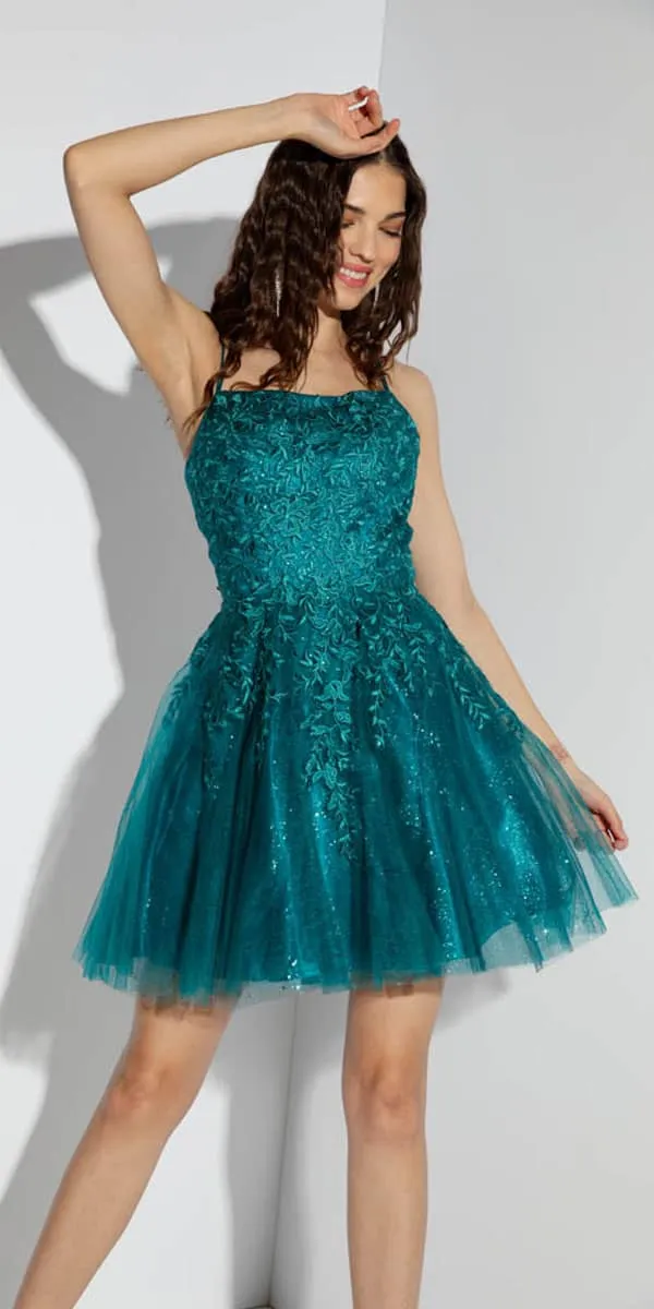 Eureka Fashion 9727 Short A-Line Glitter Tulle Dress 3D Lace Embroidery