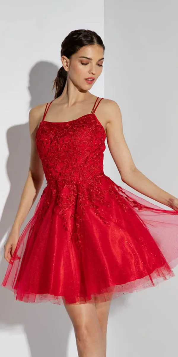 Eureka Fashion 9727 Short A-Line Glitter Tulle Dress 3D Lace Embroidery