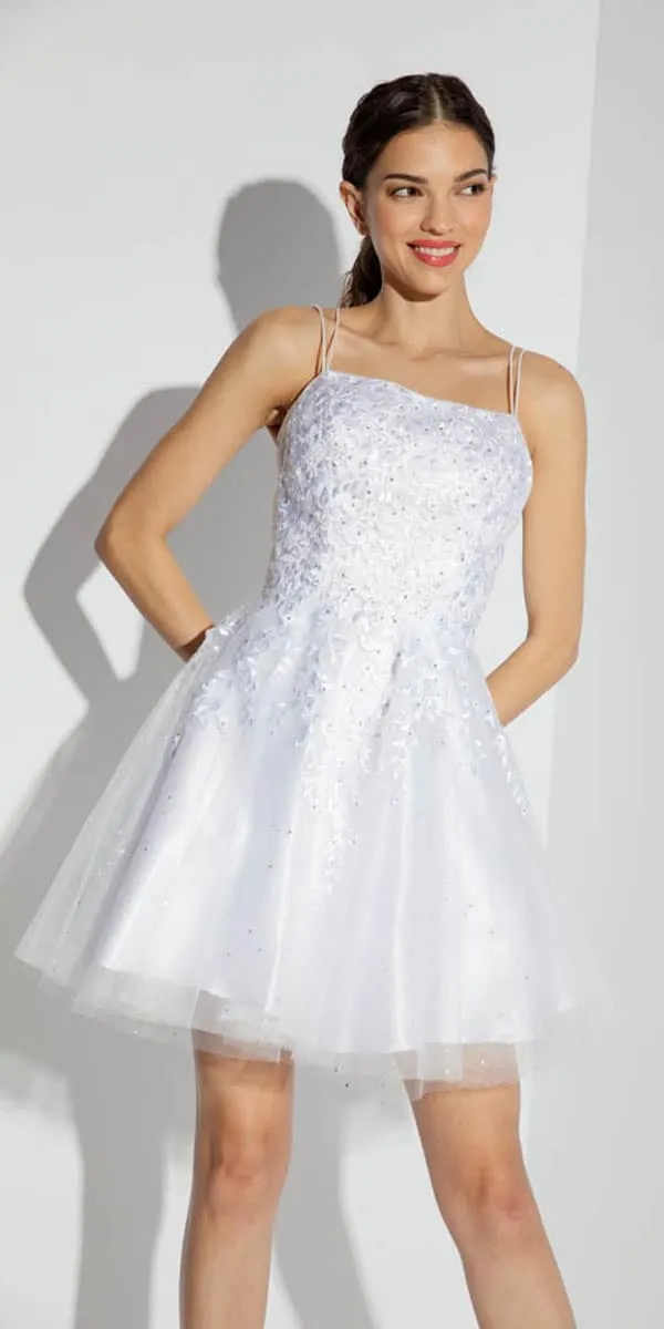 Eureka Fashion 9727 Short A-Line Glitter Tulle Dress 3D Lace Embroidery