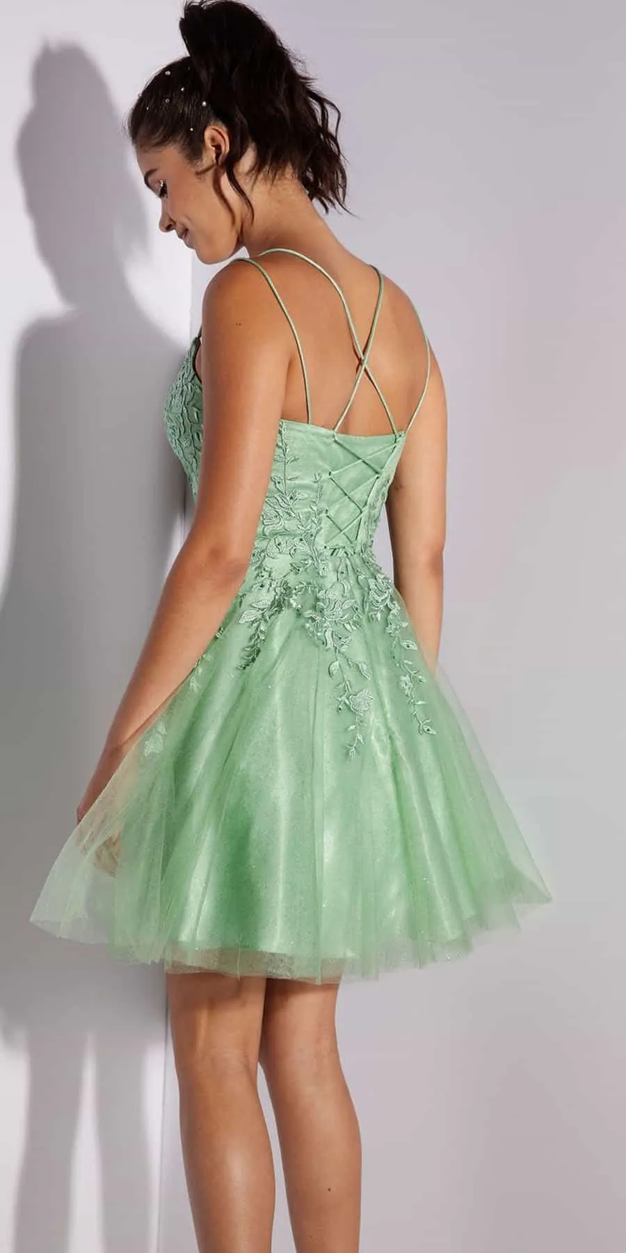Eureka Fashion 9727 Short A-Line Glitter Tulle Dress 3D Lace Embroidery