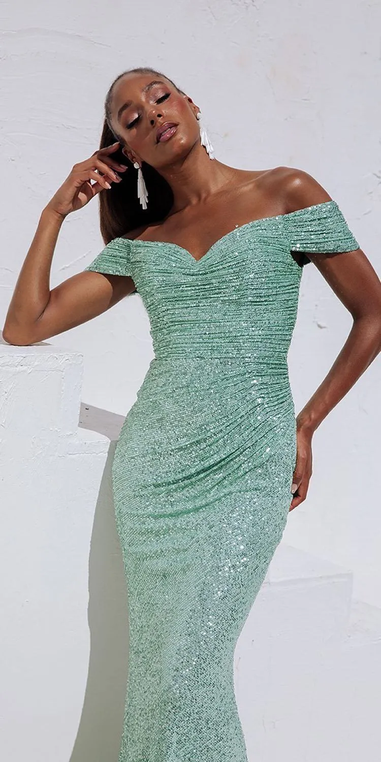 Eureka Fashion EK105 Floor Length Sequin Gown Off Shoulder Strap