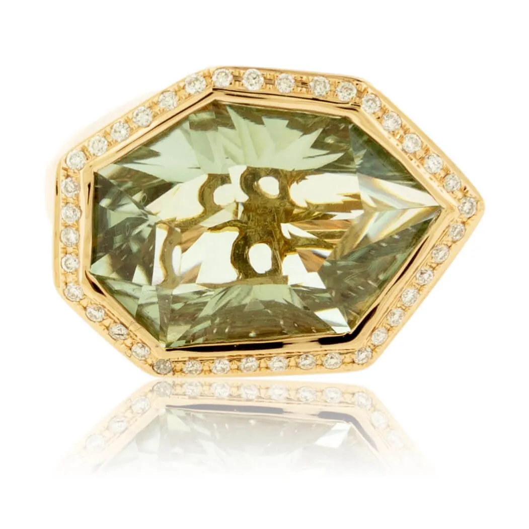 Fancy Cut Green Amethyst and Diamond Halo Ring