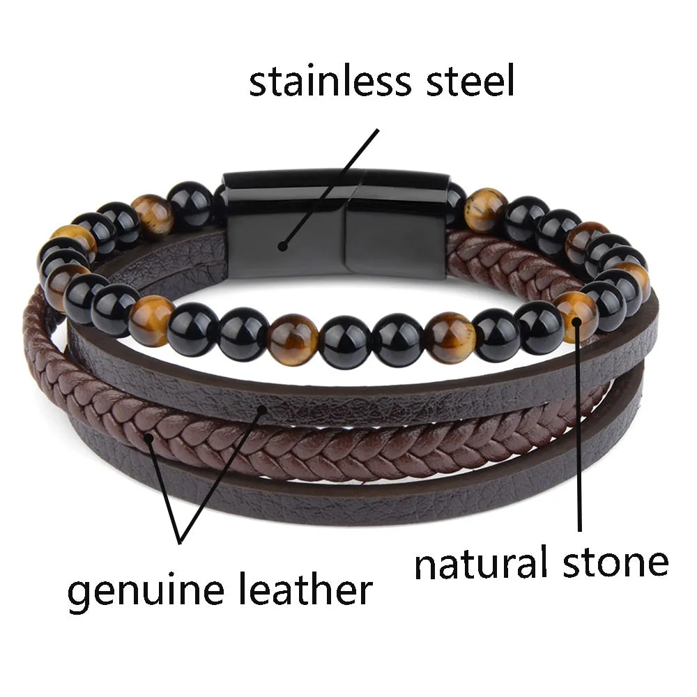 Fashion Natural Stone Beads Bracelet Multilayer Genuine Leather Braided Bracelet Stainless Steel Magnetic Clasp Bangles For Men