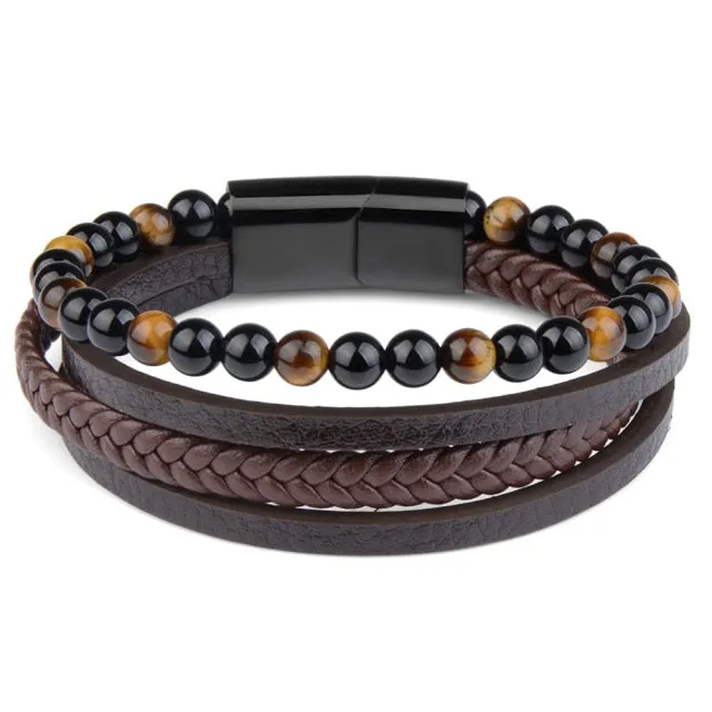 Fashion Natural Stone Beads Bracelet Multilayer Genuine Leather Braided Bracelet Stainless Steel Magnetic Clasp Bangles For Men