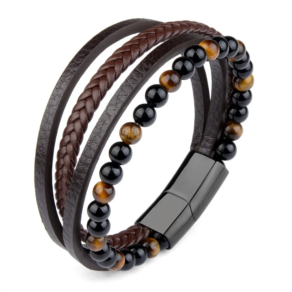Fashion Natural Stone Beads Bracelet Multilayer Genuine Leather Braided Bracelet Stainless Steel Magnetic Clasp Bangles For Men