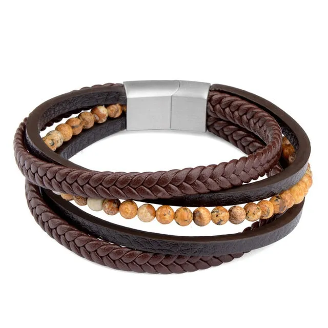 Fashion Natural Stone Beads Bracelet Multilayer Genuine Leather Braided Bracelet Stainless Steel Magnetic Clasp Bangles For Men