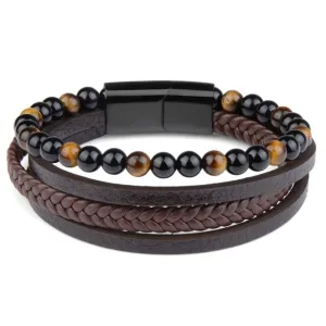 Fashion Natural Stone Beads Bracelet Multilayer Genuine Leather Braided Bracelet Stainless Steel Magnetic Clasp Bangles For Men