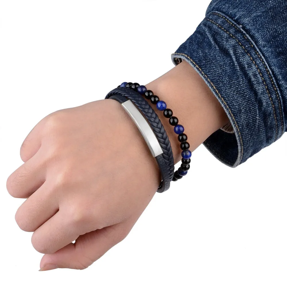 Fashion Natural Stone Beads Bracelet Multilayer Genuine Leather Braided Bracelet Stainless Steel Magnetic Clasp Bangles For Men