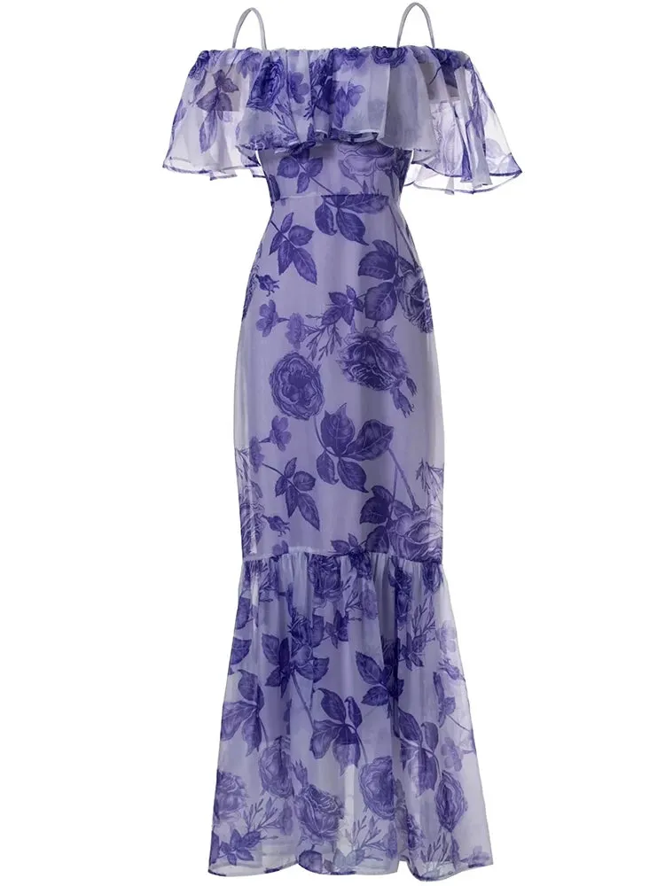 Fernanda Spaghetti Strap Butterfly Sleeve Rose Print  Elegant  Dress