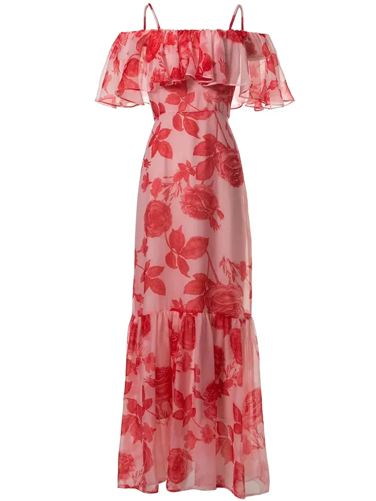Fernanda Spaghetti Strap Butterfly Sleeve Rose Print  Elegant  Dress