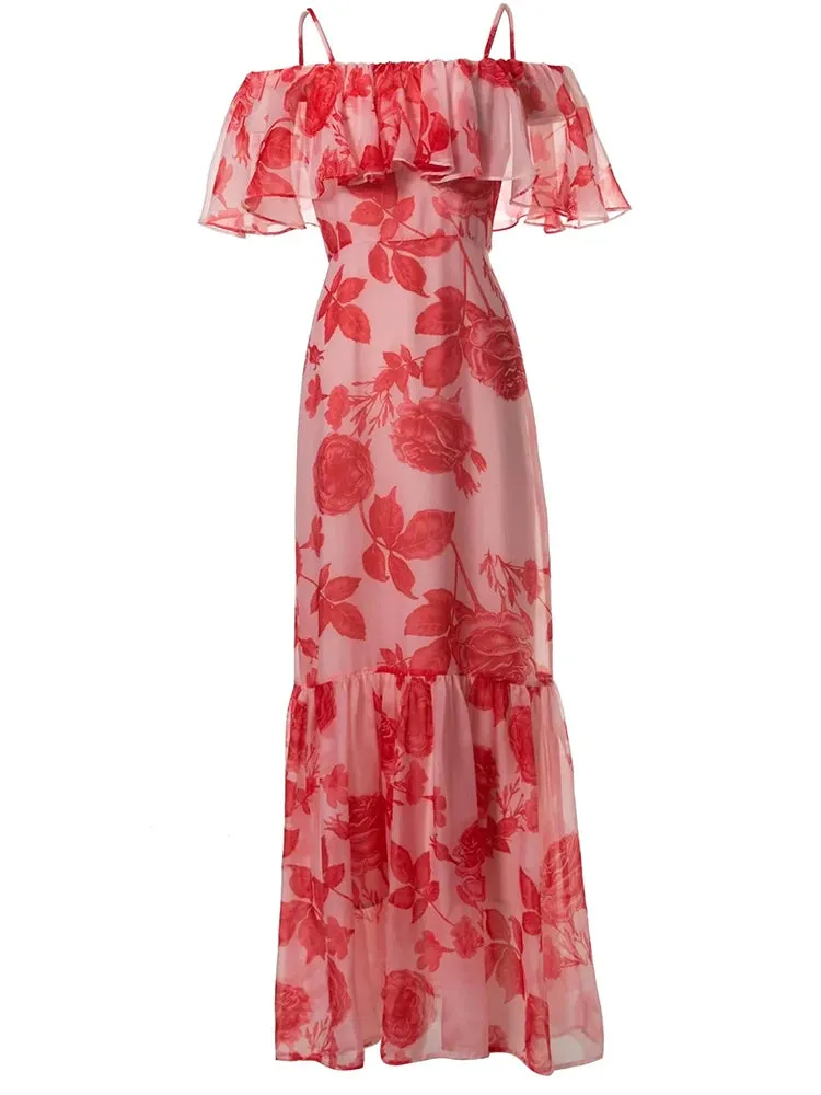 Fernanda Spaghetti Strap Butterfly Sleeve Rose Print  Elegant  Dress