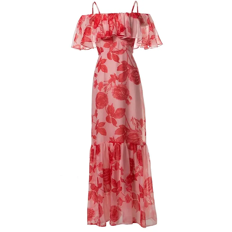 Fernanda Spaghetti Strap Butterfly Sleeve Rose Print  Elegant  Dress