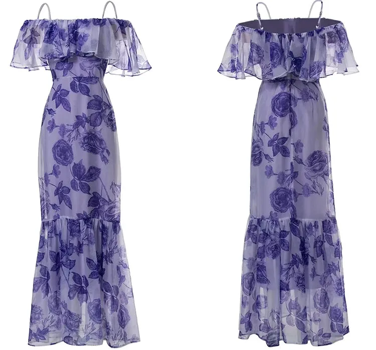 Fernanda Spaghetti Strap Butterfly Sleeve Rose Print  Elegant  Dress