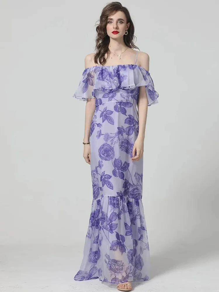 Fernanda Spaghetti Strap Butterfly Sleeve Rose Print  Elegant  Dress