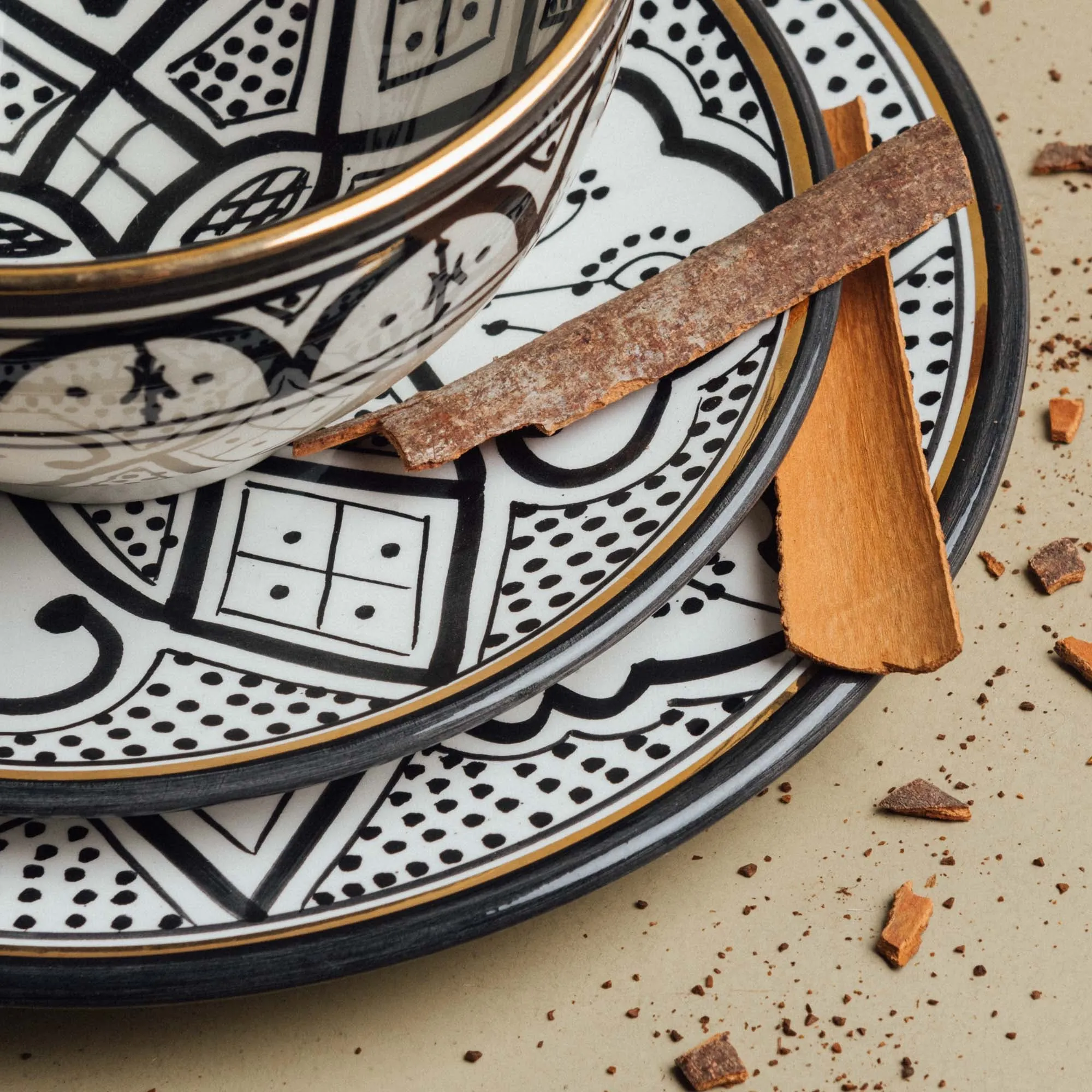 Fez Noir - Moroccan Dinnerware Set Adorned with 12 Carat Gold Accents