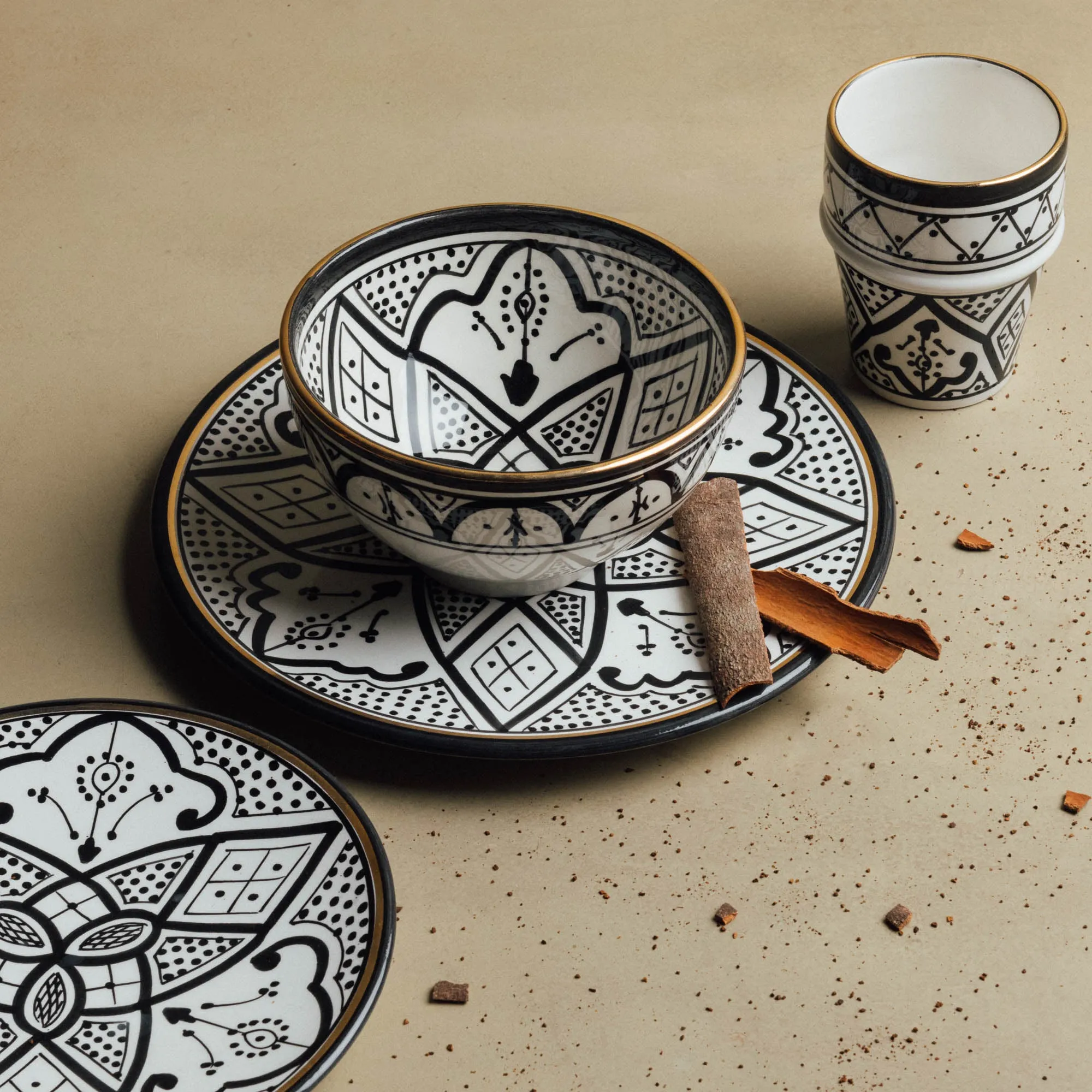 Fez Noir - Moroccan Dinnerware Set Adorned with 12 Carat Gold Accents