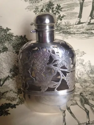 Flask Sterling Silver and Crystal Large Victorian Ladies Flask