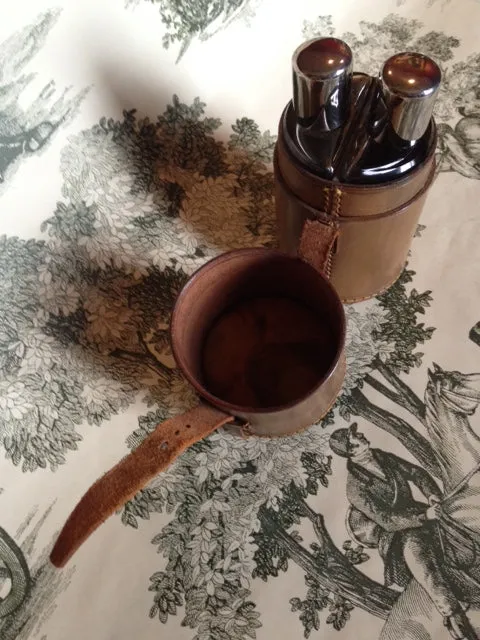 Flasks Vintage English Double Half Glass Flasks in Brown Leather Round Carrier