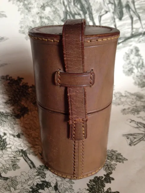Flasks Vintage English Double Half Glass Flasks in Brown Leather Round Carrier