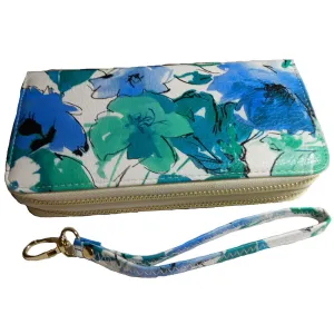 flower graphic print blue green dual zipper pockets bills coins wallet Designer blue green