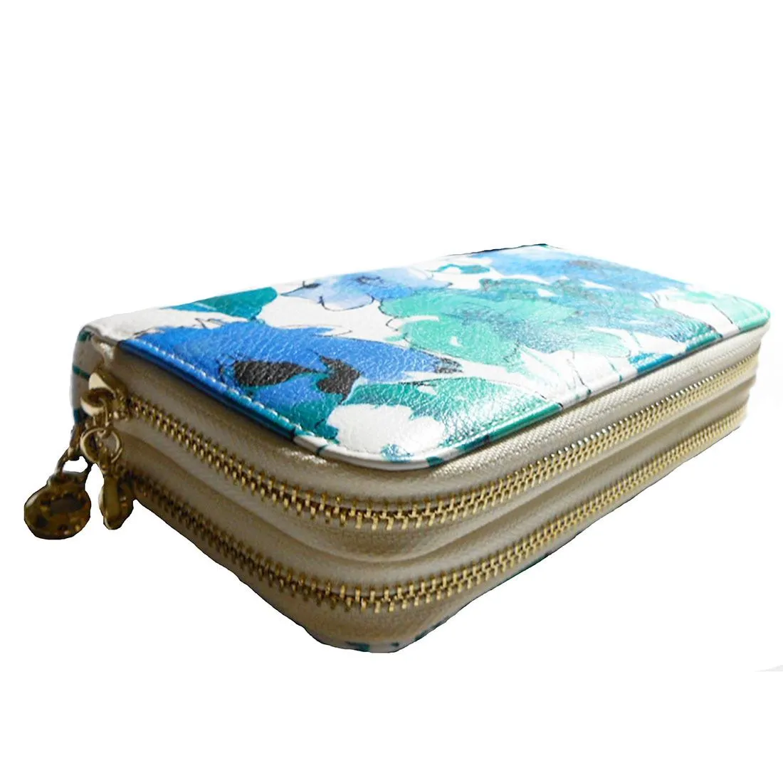 flower graphic print blue green dual zipper pockets bills coins wallet Designer blue green