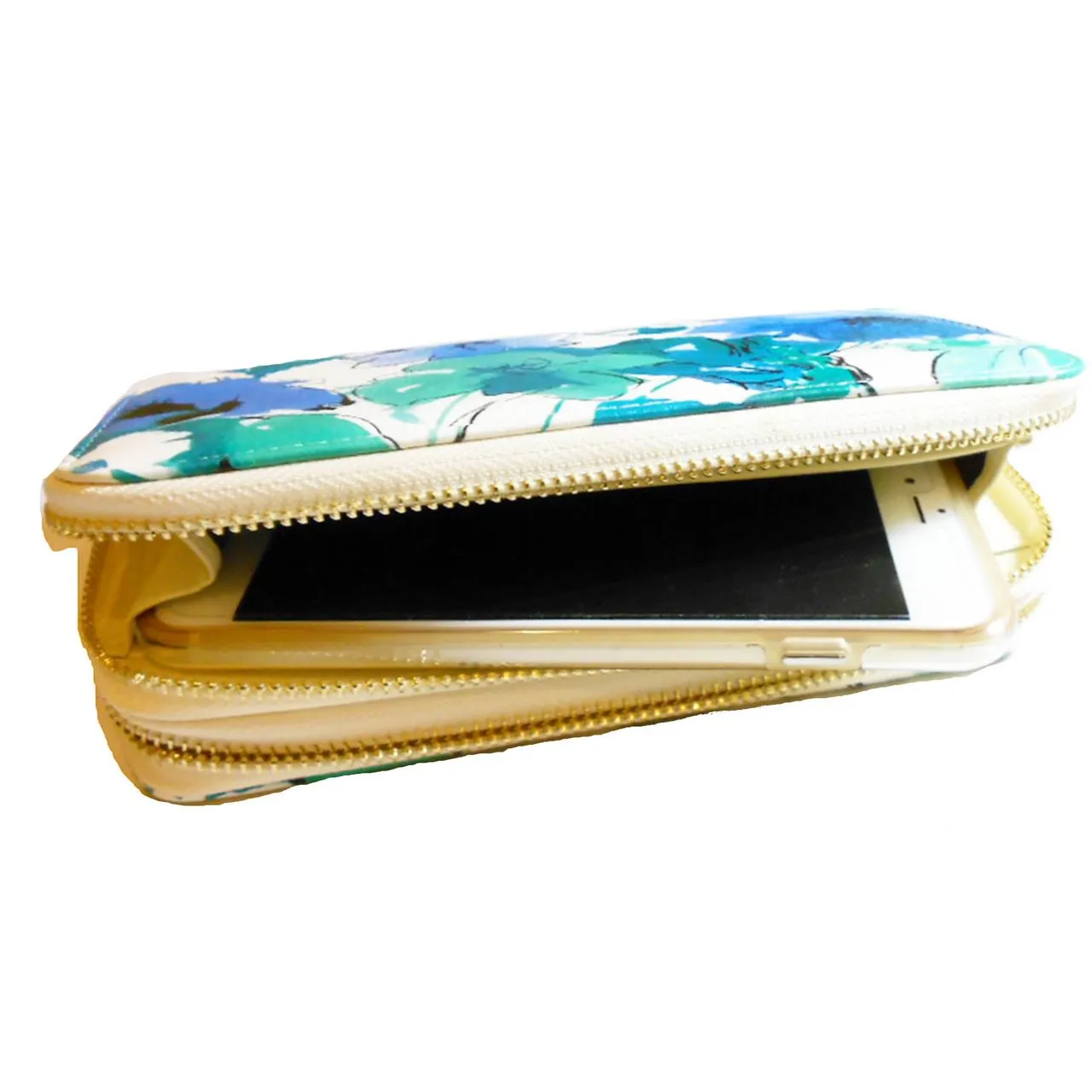 flower graphic print blue green dual zipper pockets bills coins wallet Designer blue green