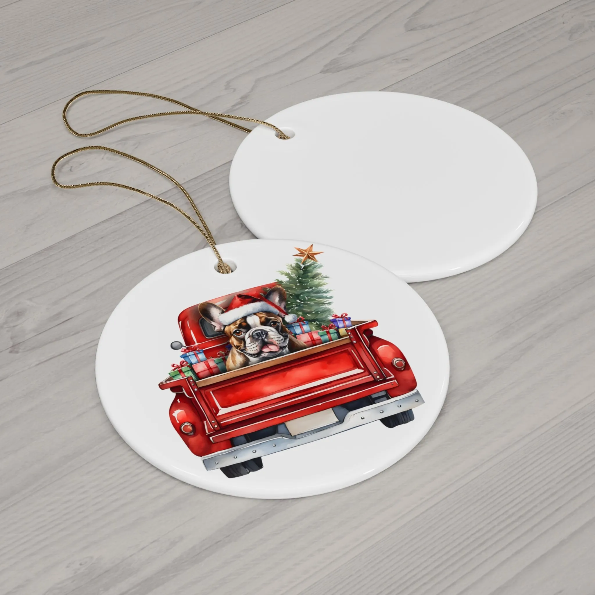 French Bulldog Christmas Dog In Red Truck Ceramic Disc Ornament         Item #8355312