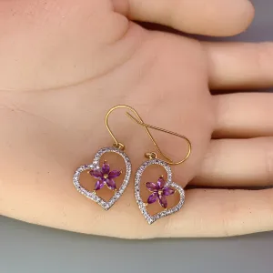Genuine Amethyst Earrings , Gold coated Sterling Silver Amethyst Heart Earrings  , Purple Flower Gold Earrings